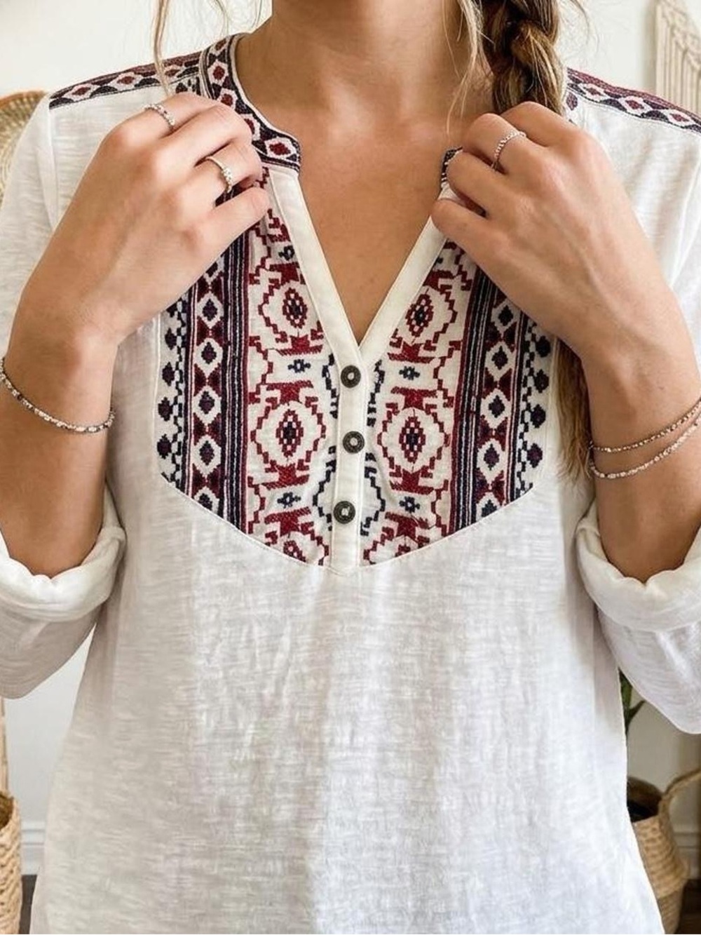 Lucky Brand Embroidered Split-Neck Top